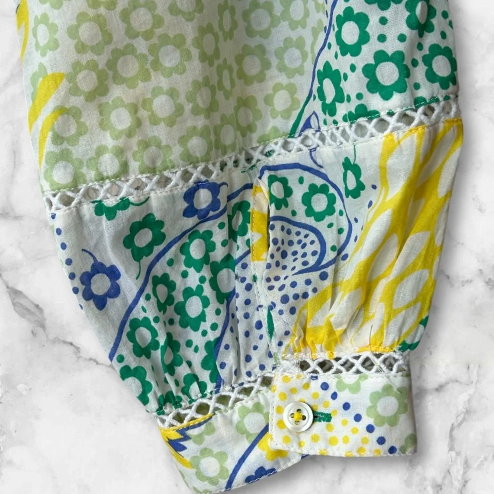 Talbots Smocked Peasant Blouse Button Up Crochet Accents Green Blue Yellow Sz S - Picture 5 of 10